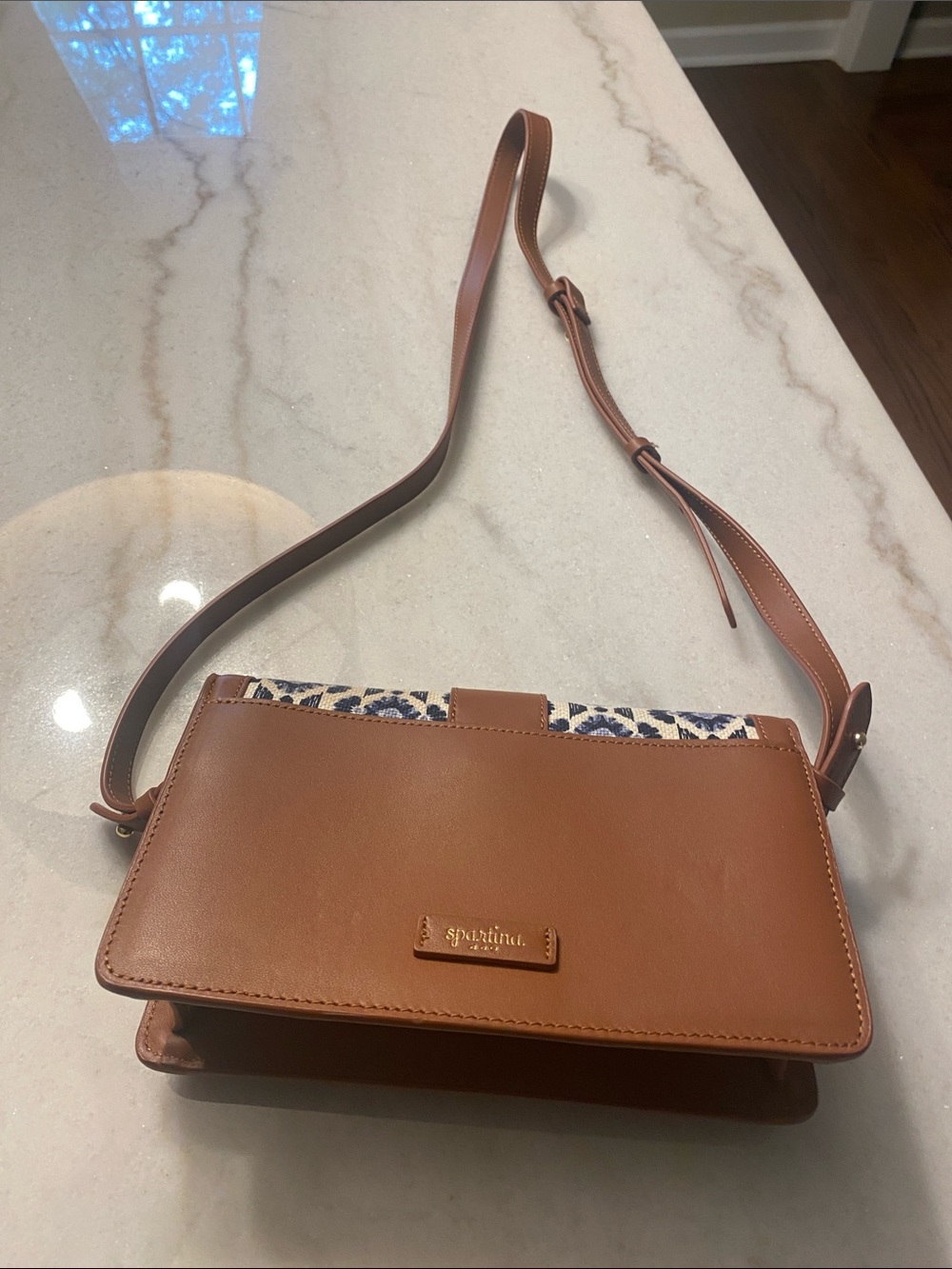 Spartina 449 Brown Leather-Trim Crossbody Bag with Blue raffia Pattern - Picture 7 of 13